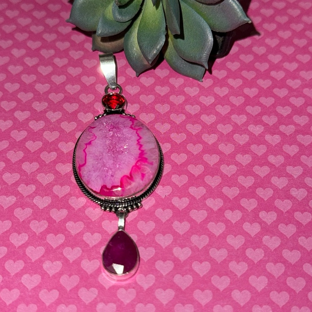 Pink Quartz & Garnet & Ruby Silver Pendant - image 1